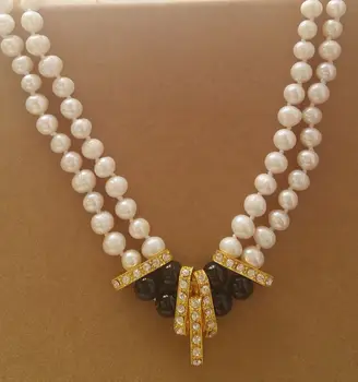 

Beautiful! 2Rows 7-8mm Natural White Akoya Cultured Pearl & Back agate Necklace