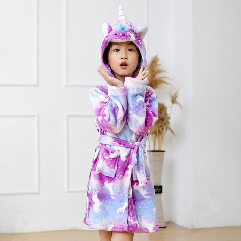 Unicorn Hooded Children Bathrobes Baby Rainbow Bath Robe Animal For Boys Girls Winter Pyjamas Nightgown Kids Sleepwear 3-11Y