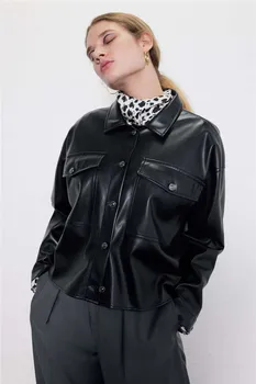 

High Quality Cool Fashion Lady Punk Rock and Roll Metal Jazz Wind Casual Style Imitation Leather Shirts 2019 PU Leather Shirts
