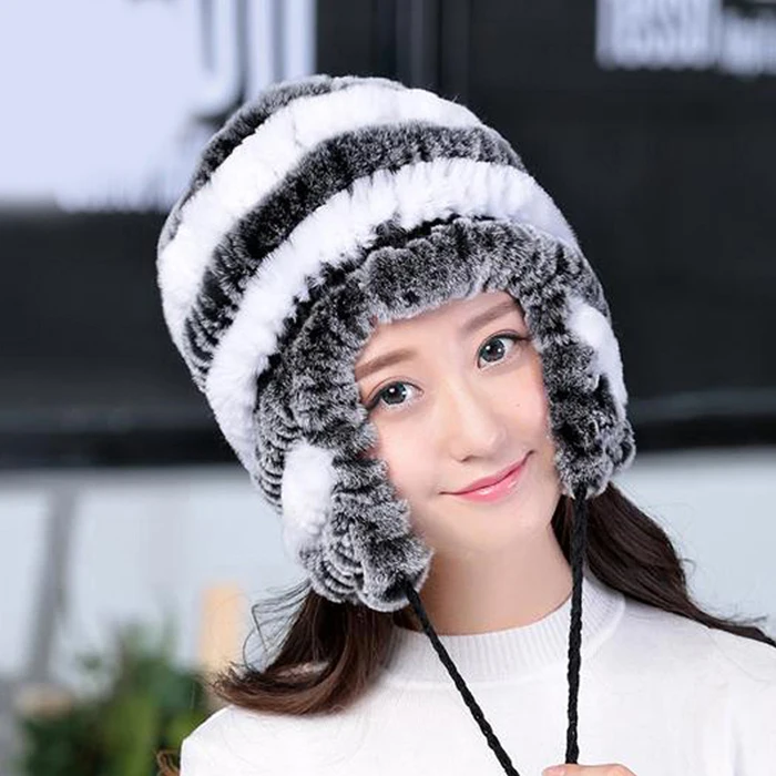 Lady Real Fur Earflap Hats Women Natural Rex Rabbit Fur Beanies Cap Russian Winter Warm Genuine Fur Hat Wholesale - Цвет: white grey