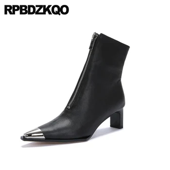 

boots chunky sheepskin fur booties pointed toe designer shoes women luxury 2019 high heel front zipper genuine leather ankle