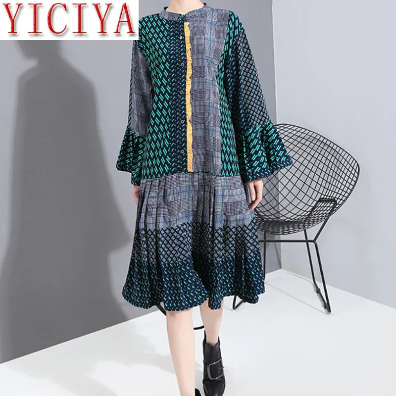 

2020 elegant dresses Women Fashion Autumn Red Patchwork Dress Long Flare Sleeve Geometrical Patterns Printed Ladies Party Dress