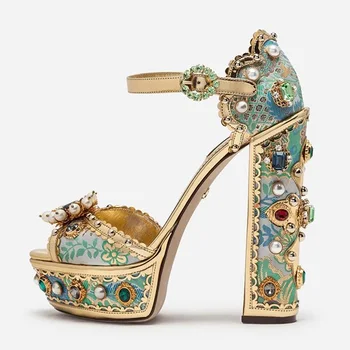 

Luxury Gems Pearls Platform Sandals Crystal Woman Extremely High Chunky Heels Buckle Strap Embroidery Shoes Woman Banquet Shoes