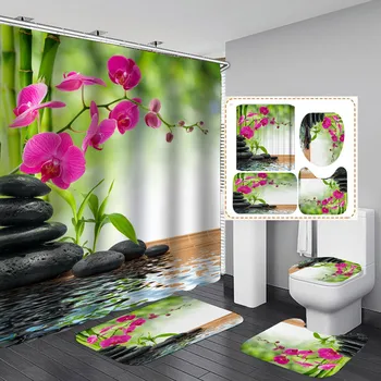 

Shower Curtain 4 Piece set Carpet Cover Toilet Cover Bath Mat Pad Set Bathroom Curtain Shower curtain set Natural LandscapeBath