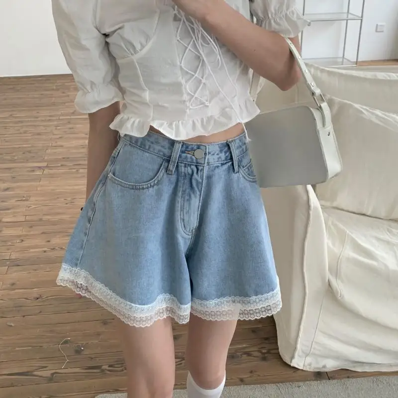 Women Summer Kawaii Sexy Blue Shorts 2021 Cute Girls Fashion All-Match Casual Solid Color Denim Lace Shorts yoga shorts