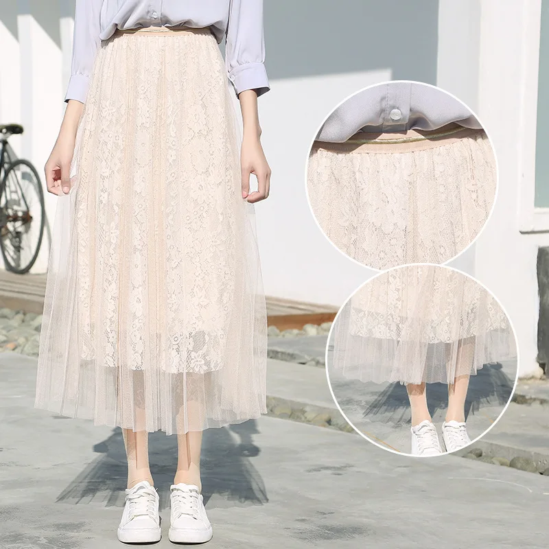 

2018 Spring Clothing New Style Korean-style Lace Big Hemline Gauze Pleated Mid-length Skirt