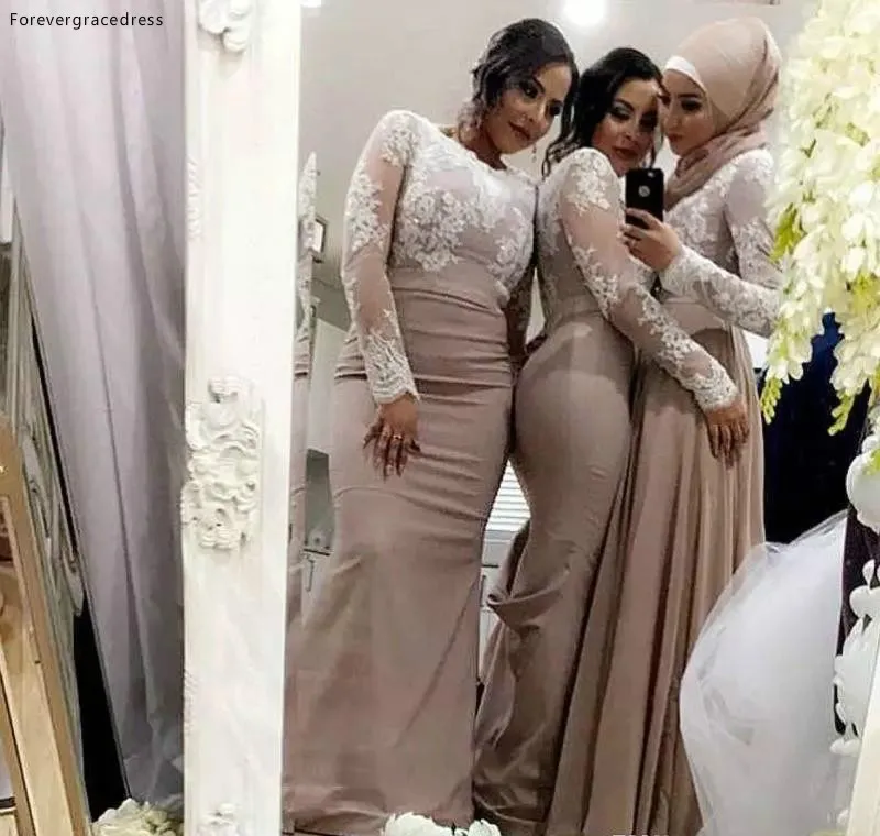 White Lace Nude Long Sleeves Bridesmaid Dresses Muslim Arabic Women Formal Gowns Plus Size Mermaid Wedding Party Dress 93 (1)
