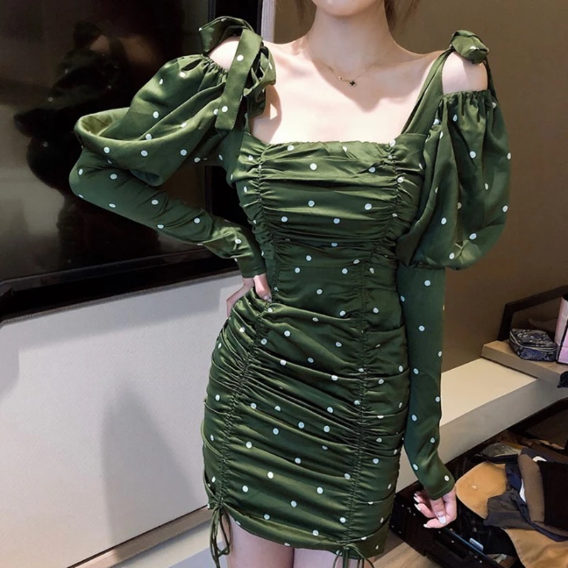 Зеленое платье Бохо с длинными рукавами, корейские платья, элегантное сексуальное платье в горошек с рюшами, винтажное облегающее платье мини платье, осень