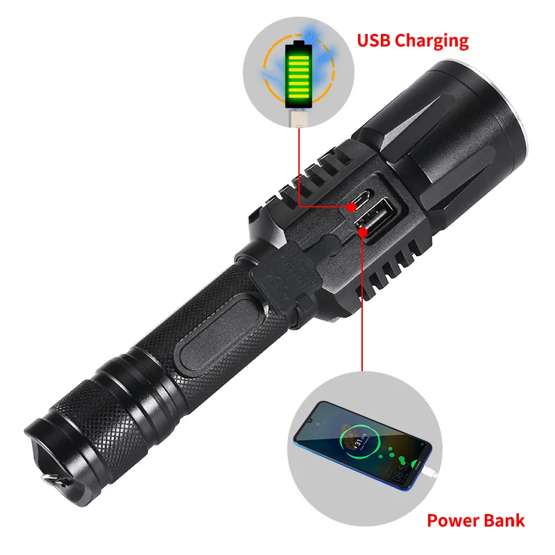 Светодиодный фонарик GIJOE T6 с внешним аккумулятором usb зарядкой 1 батарея 18650