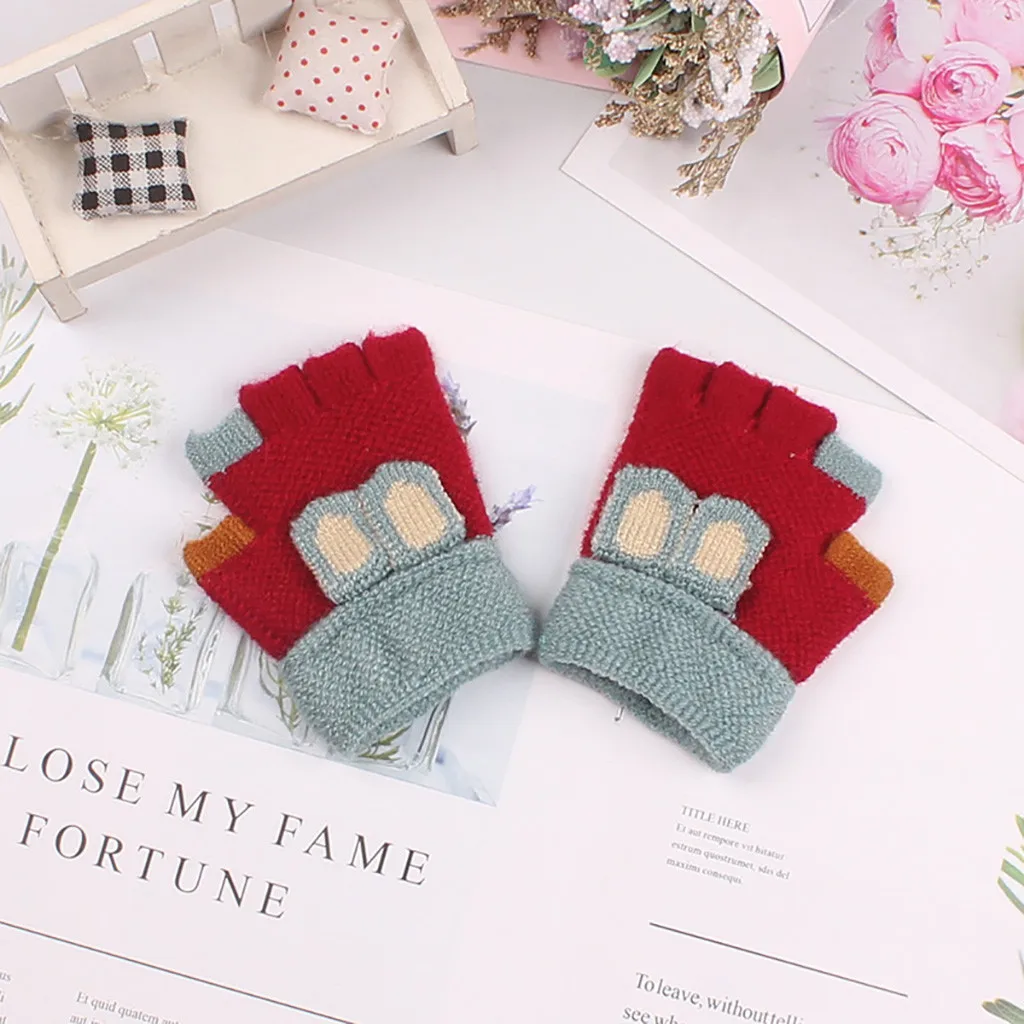 Winter Children's Half Finger Cartoon Warm Knitted Gloves for Kids Boys Girls baby gloves Keep finger Warm перчатки детские