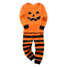 Костюмы на Хэллоуин детская одежда для мальчиков Топ с принтом тыквы+ длинные штаны в полоску, пижамный комплект, одежда с длинными рукавами для маленьких девочек Детский костюм