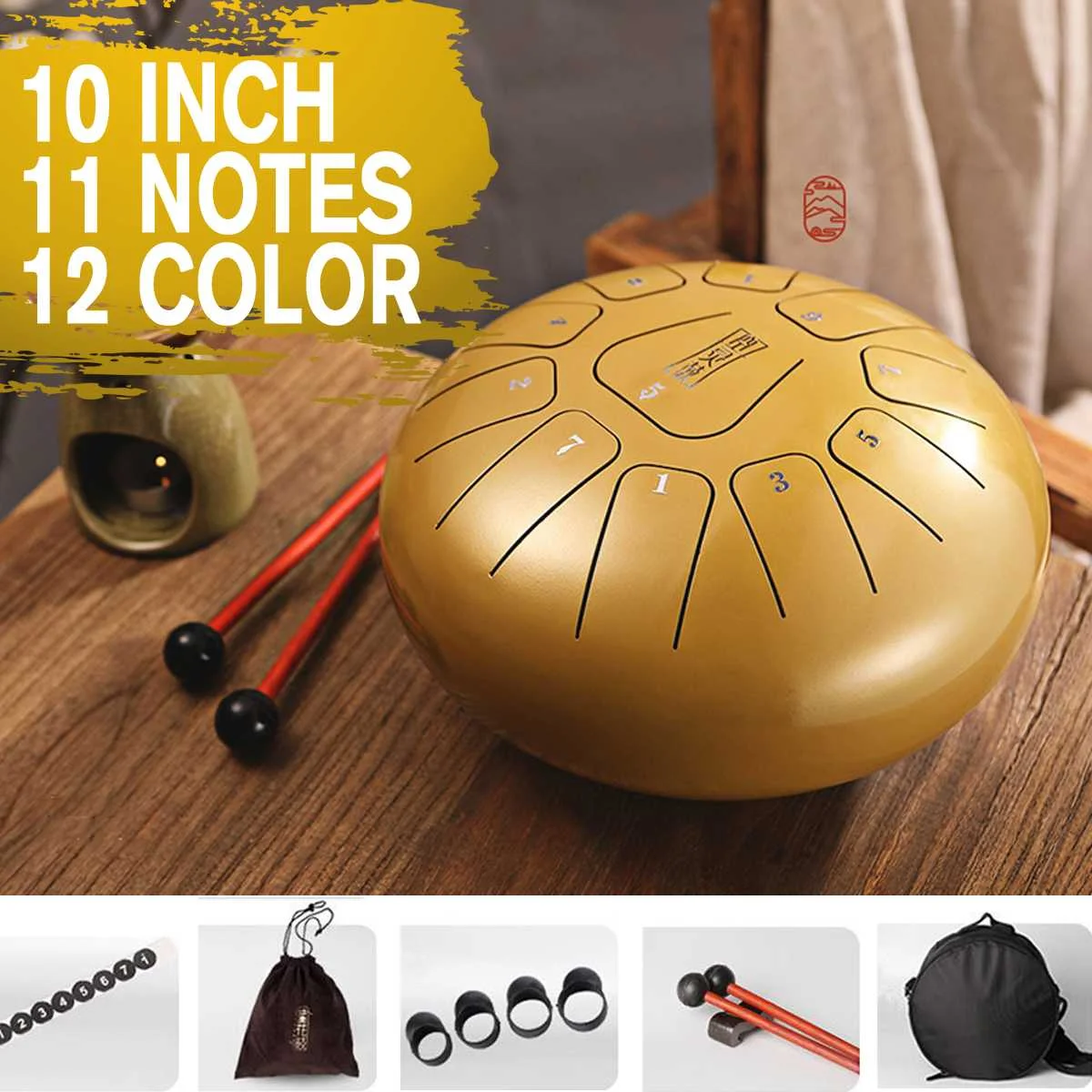 

10 Inch 11 Notes D Tune Steel Handpan drums Brass Handrum+ Carrying Bag Hand Drum Percussion Musical Instruments w/Drum Mallets