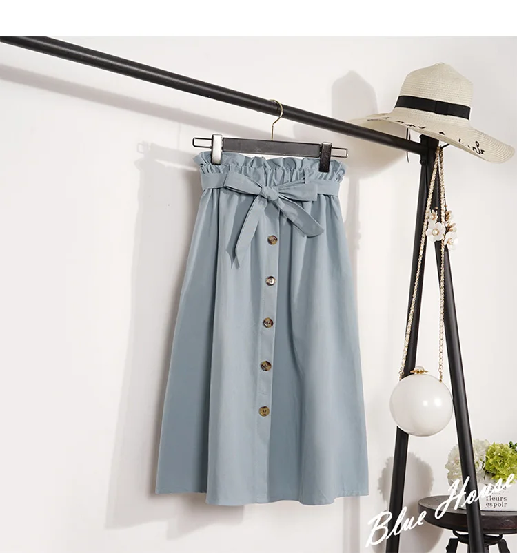 Летние Осенние юбки женские миди до колена корейские на элегантных кнопках Высокая талия юбка Женская Повседневная плиссированная школьная юбка