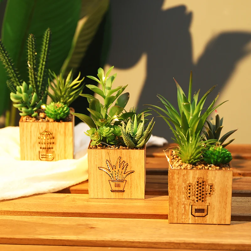 

Artificial Green Plants Fake Succulent Bonsai Potted Set With Light Vase Home Room Table Garden Christmas Decoration Accessories