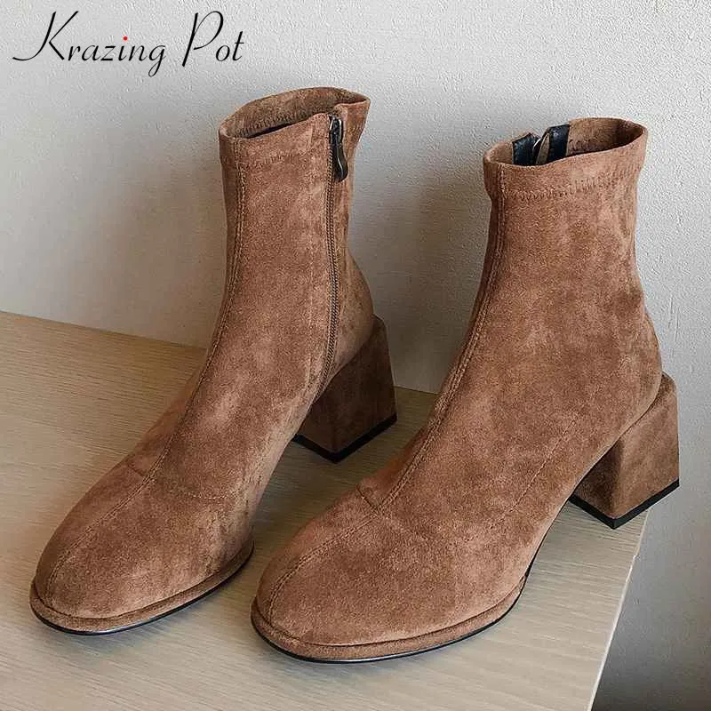 

krazing pot winter warm popular simple style solid flock boots round toe high heels women fashion side Zipper ankle boots L63