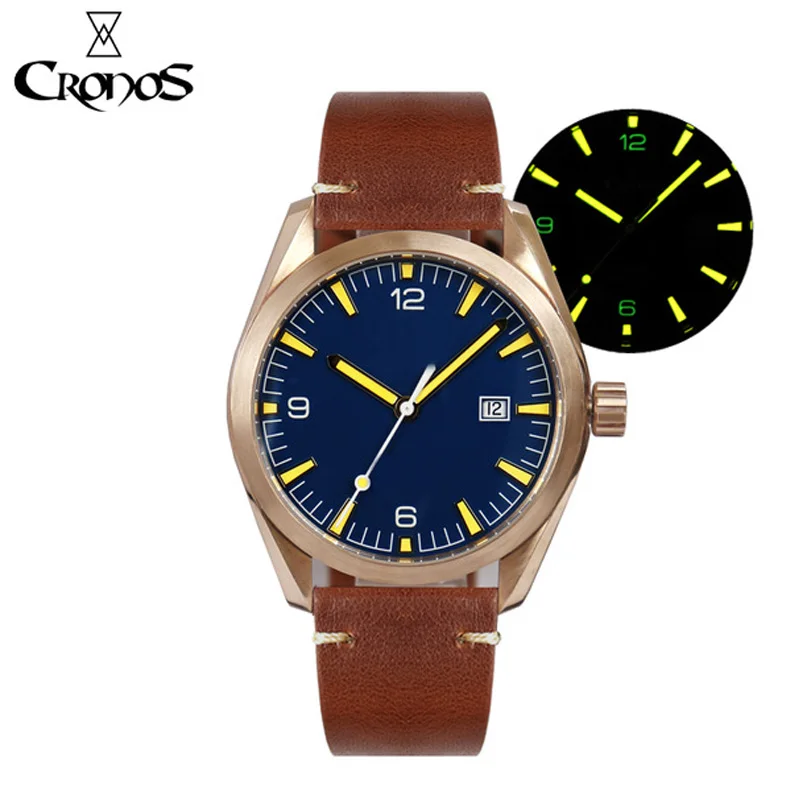 Cronos Men's Bronze Pilot Watch Blue Sterile Dial CuSn8 PT5000/SW200 Automatic Movement Sapphire 200M Water Resistance Watches afbeelding