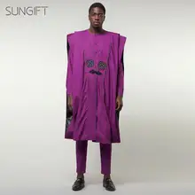 SUNGIFT Men's African Stylish Clothing Printed Agbada Dashiki Top Shirts and Pants Boubous Slim Fit Breathable Outfits 3 Pieces
