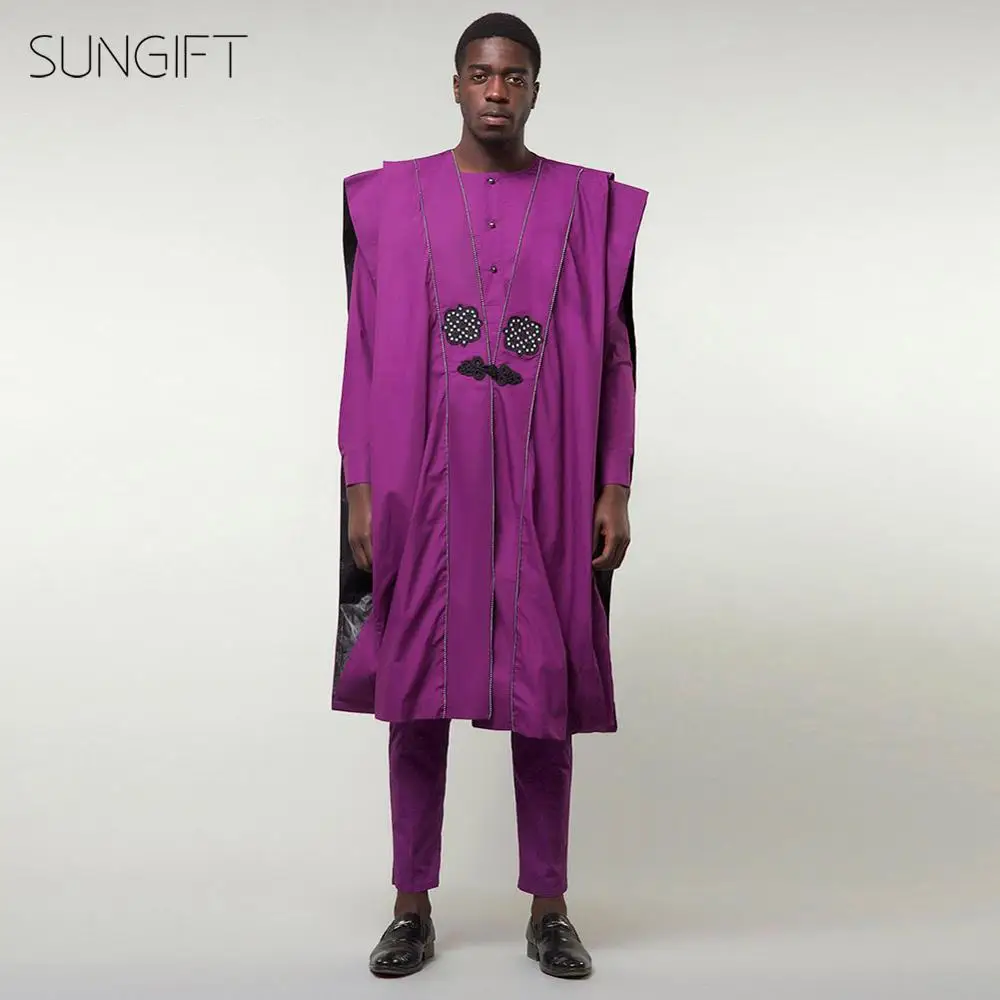 

SUNGIFT Men's African Stylish Clothing Printed Agbada Dashiki Top Shirts and Pants Boubous Slim Fit Breathable Outfits 3 Pieces