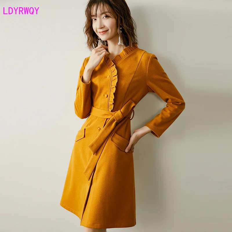 

2019 autumn and winter new Korean women's fashion V-neck stitching wooden ear long-sleeved single-breasted tie waist dress