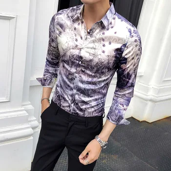 

2019 Spring New Self-cultivation Business Korean Shirt Men's Long-sleeved Men's Printed Shirt Casual Nightclub Prom Dress Shirt
