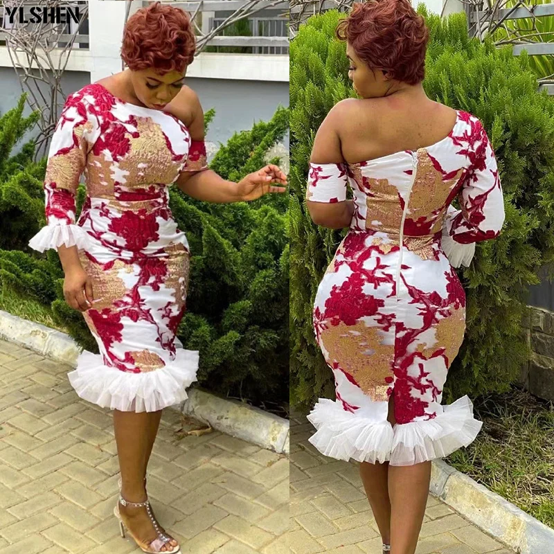 

African Fashion Women's Dress Christmas Party Dresses Gold stamping Inclined Shoulder Bandage Hip Robe Print Sexy Evening Dress