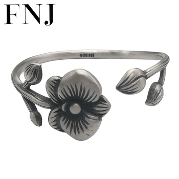

FNJ 925 Silver Flower Bangle Simple 100% S990 Sterling Silver Adjustable Size 58mm Bangles for Women Jewelry