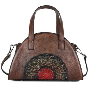 

High Quality Genuine Embossed Leather Shoulder Bags Female Chinese Style Retro Tote Shell Crossbody Bag Messenger Women Handbag