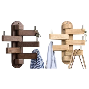 

Coat Hooks, Oak Wood Swivel Hooks Wall Mounted Towel Hook with 5 Folding Swing Arms-Foldable Rotating Coat Hanger