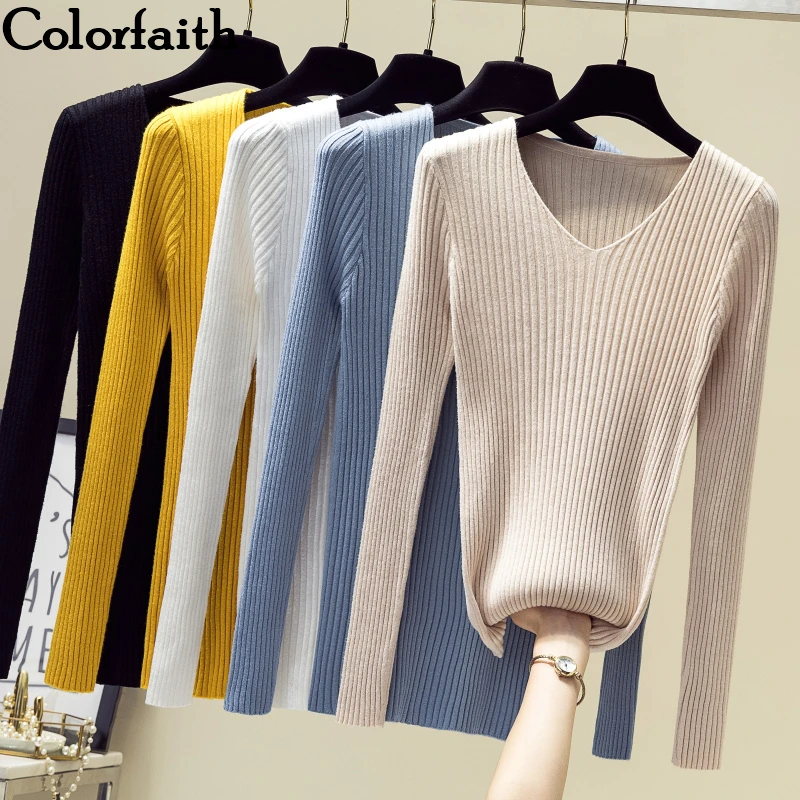 

Colorfaith New 2019 Autumn Winter Women's Sweaters Knitting Bottoming Warm Tops Korean Style Solid Ladies Minimalist SW8812