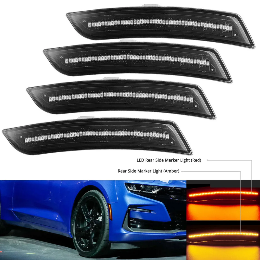 For Chevy 4pcs Amber/Red LED Side Marker Lights Front Rear Lamp Set ABS Plastic Lens For Camaro 2016-2019