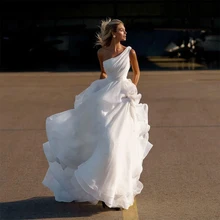 

HAMMAH 2022 White Elegant Strapless One Shoulder Long A-line Wedding Dress Backless Organza Sleeveless Vestido De Novia New
