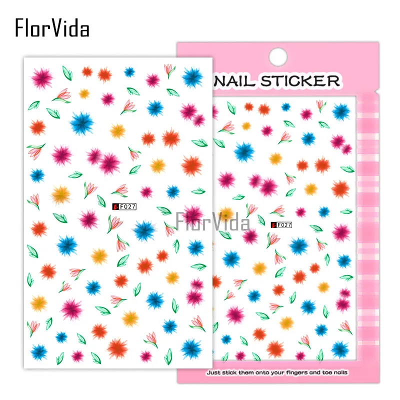 FlorVida F024 наклейки для дизайна ногтей цветы наклейки клей красочные черные белые для детей накладные ногти маникюр серии F - Цвет: F027