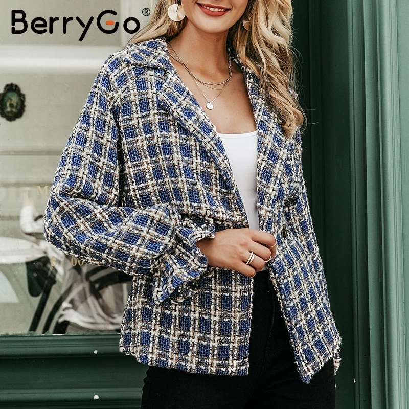 discounted  BerryGo Fashion plaid tweed jacket women coat Loose lantern sleeve streetwear coats Elastic high wa