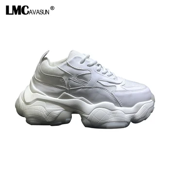 

LMCAVASUN Genuine Leather Sneakers chunky Sneakers Women Sneakers Lace-up Flat platform Sneakers Women Thick bottom Sneakers