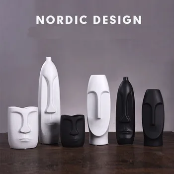 

Nordic Minimalist Ceramic Abstract Vase Black and White Human Face Creative Display Room Decorative Figue Head Shape Vase P0097