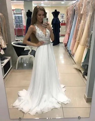 

V Neck Flowy Long Prom Dresses with Crystals Illusion Bodice Pageant Dress Evening Gown Long