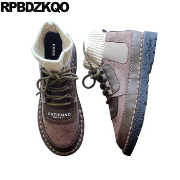 

Ankle Shoes Fall Japanese Fur Lace Up Patchwork Sneakers Kawaii Short Knit Suede Women Boots 2019 Round Toe Flat Brown Booties