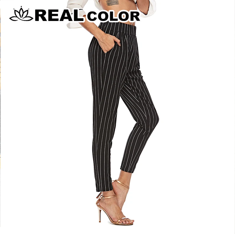 

Elastic Waist Pinstripe Cigarette Pants Black Mid Waist Tapered Carrot Trousers Women Summer Office Ladies Pants -8