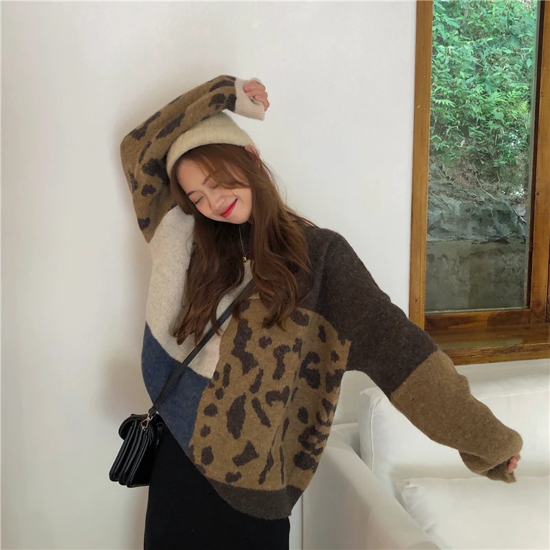 Woherb Harajuku, женские свитера, новинка, джемпер Sueter Mujer, контрастный Леопардовый принт, женский свитер большого размера, пуловеры в Корейском стиле