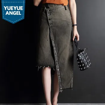

Fashion High Waist Denim Skirts Womens New Vintage Asymmetrical Wrap Skirt Beading Tassel A-Line Midi Jean Skirts S-3XL