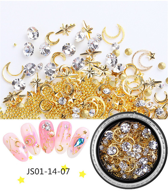 Nail Charm Rhinestone Star/Moon/Horizontal Line/Pearl/Water-Drop Mixed 9 Styles Golden Luxury Nails Decoration AccessoriesJS