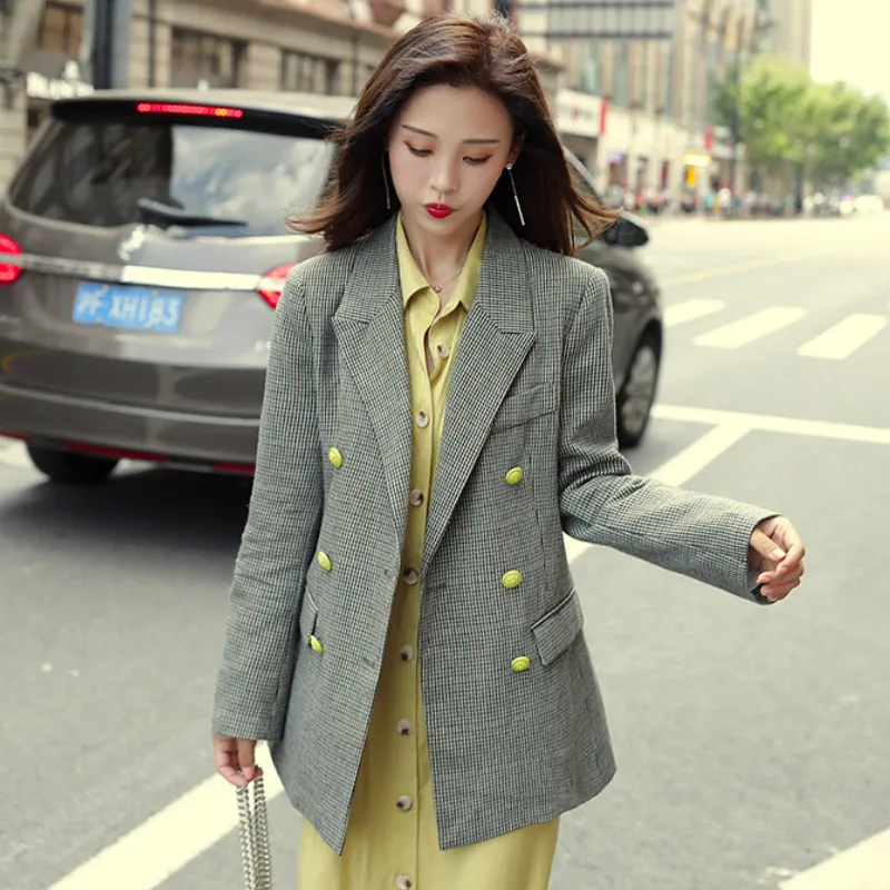 

Temperament retro lady blazer Autumn new yellow double-breasted suit jacket high quality female Office top Plaid women's suit