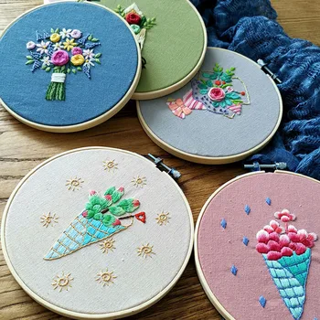 

Easy Flower Plant DIY Embroidery Kit Printed Flower Needlework Cross Stitching Set with Hoop Swing Art Handwork Craft Home Decor