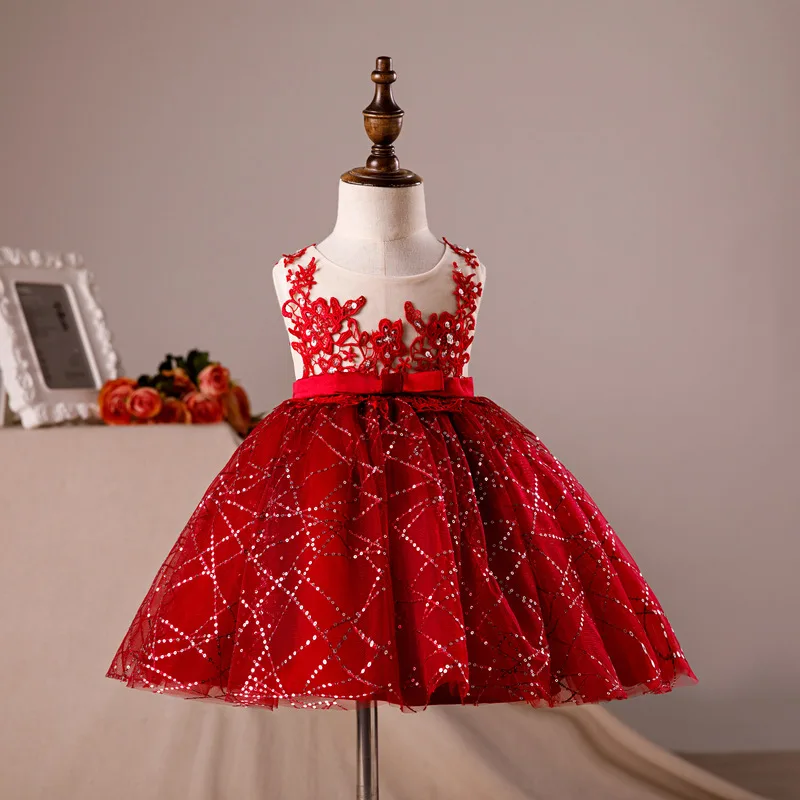

Sequin Tulle Baby Girl Dress Red Lace Girl Pageant Party Christening Gown Newborn Baptism Clothing Infant 1 Year Birthday Dress