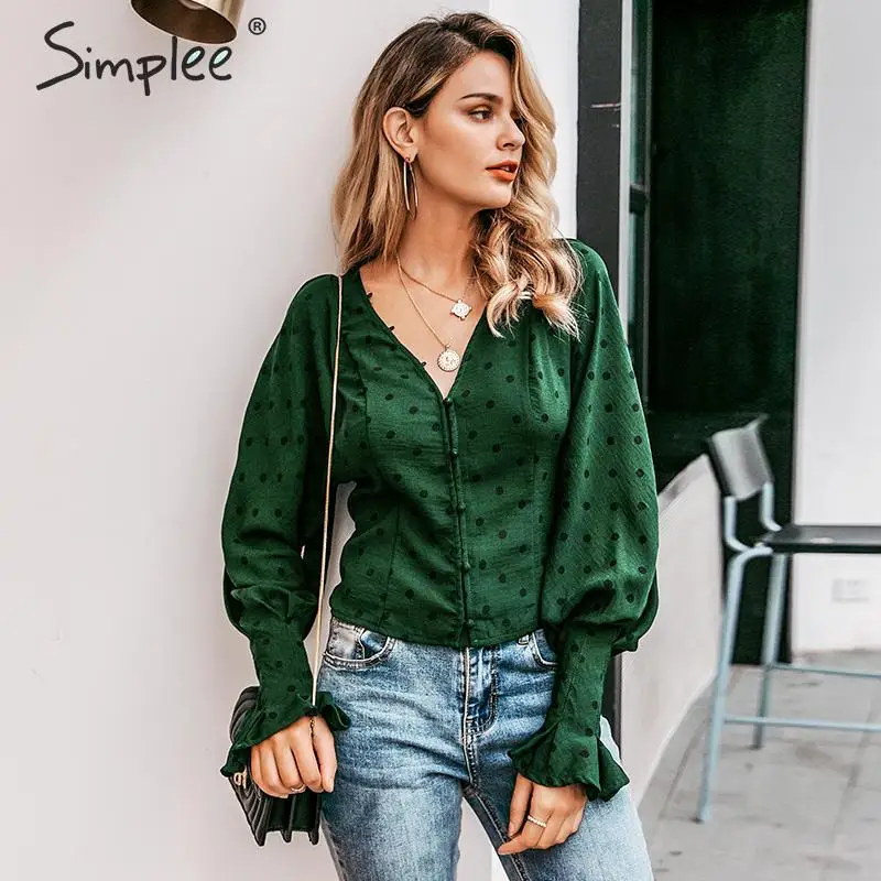  Simplee Elegant buttons dot print women blouse shirt Ruffle lantern sleeve v neck female top Autumn