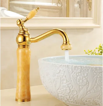 

Free Shipping YUJIE HDHY1048 natural jade European style basin hot and cold faucet Full-copper gold antique washbasin tap