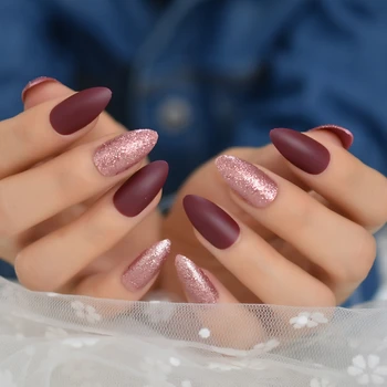 

Burgundy Matte False Nails Stiletto Rold Glitter Medium Size Shimmer Shiny Press On Finfernails 48pcs/kit