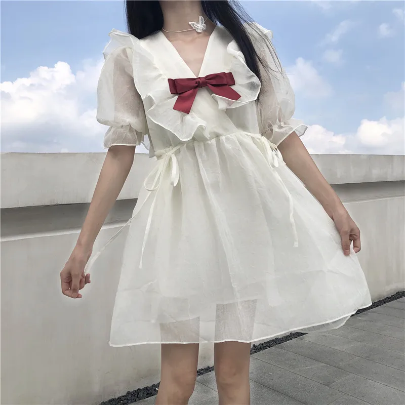 French Summer New Temperament Dress Sweet V-Neck Bow Tender Girl Puff Sleeve Dress Sweet Bandage Bow Women Party Bud Dresses