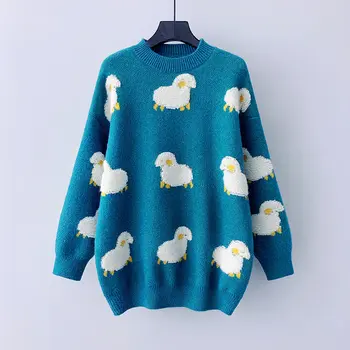 

Women 2020 Fashion Oversized Knitted Cartoon Sheep Sweater O neck Long Loose Female Pullover Chic Tops