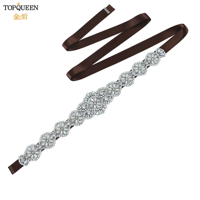 TOPQUEEN S161 White Wedding Belts Silver Rhinestone Belt Accessories for Bride Crystal Formal Dress Belt Gown Sash Bridal Belt Brown Ribon